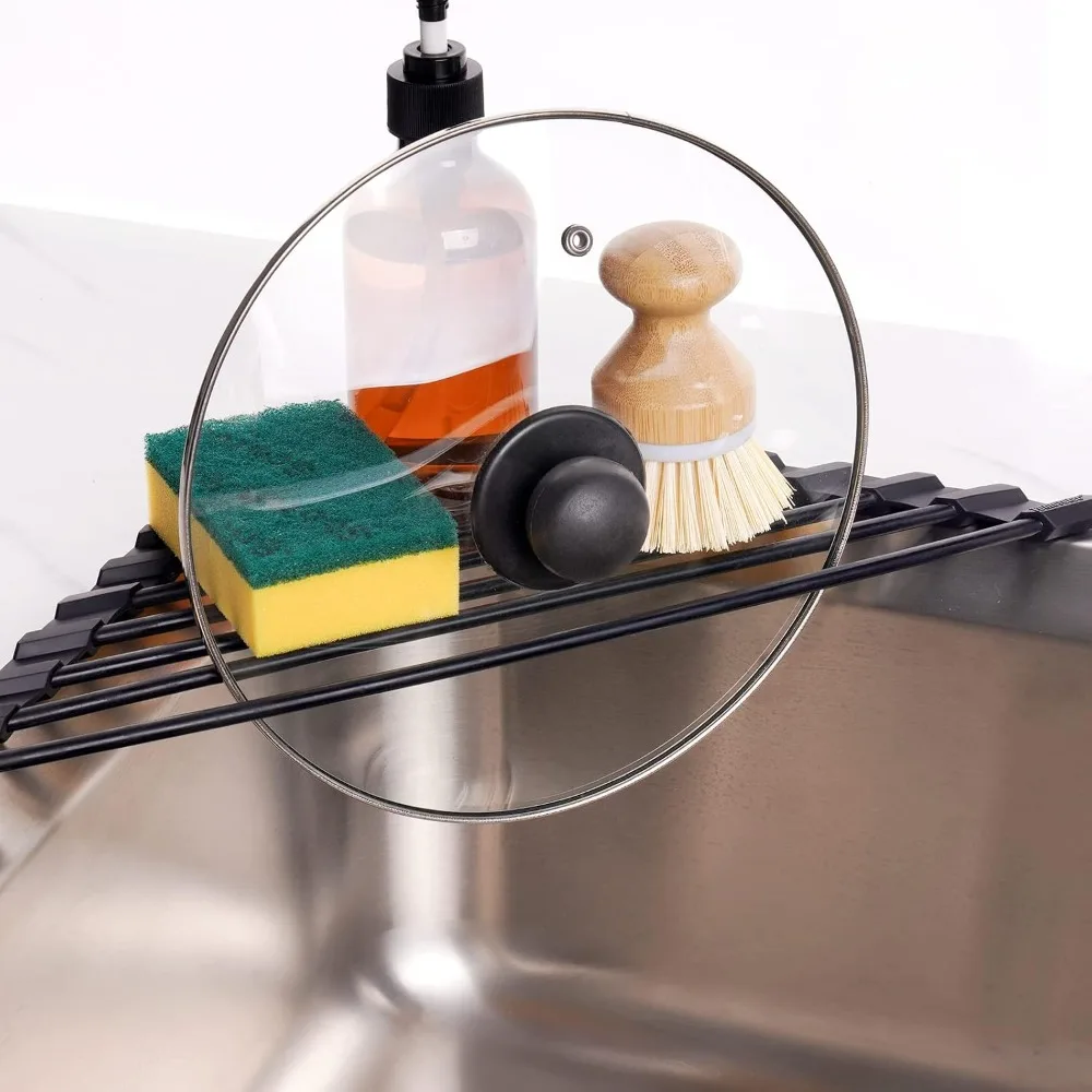 Triangular Roll-Up Dish Drying Rack with Silicone Coating Stainless Steel Frame, Space-Saving Kitchen Sink Organizer, Black - view 4