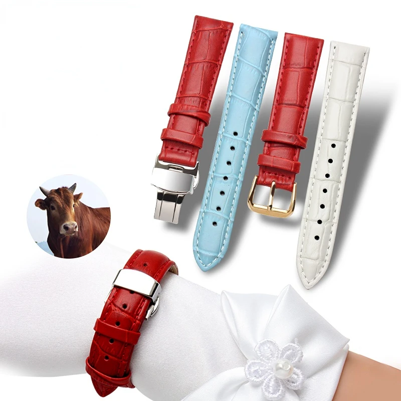 White red sky blue pink genuine leather strap High quality ladie\'s watch band 10mm 12mm 14mm 15mm 16mm 18mm bracelet Accessories