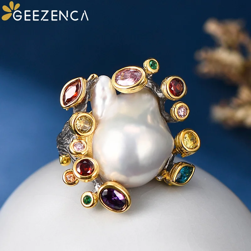 Geezlenca anello da donna in argento 925 con zirconi colorati di perle barocche di lusso Vintage splendido anello da Cocktail irregolare insolito