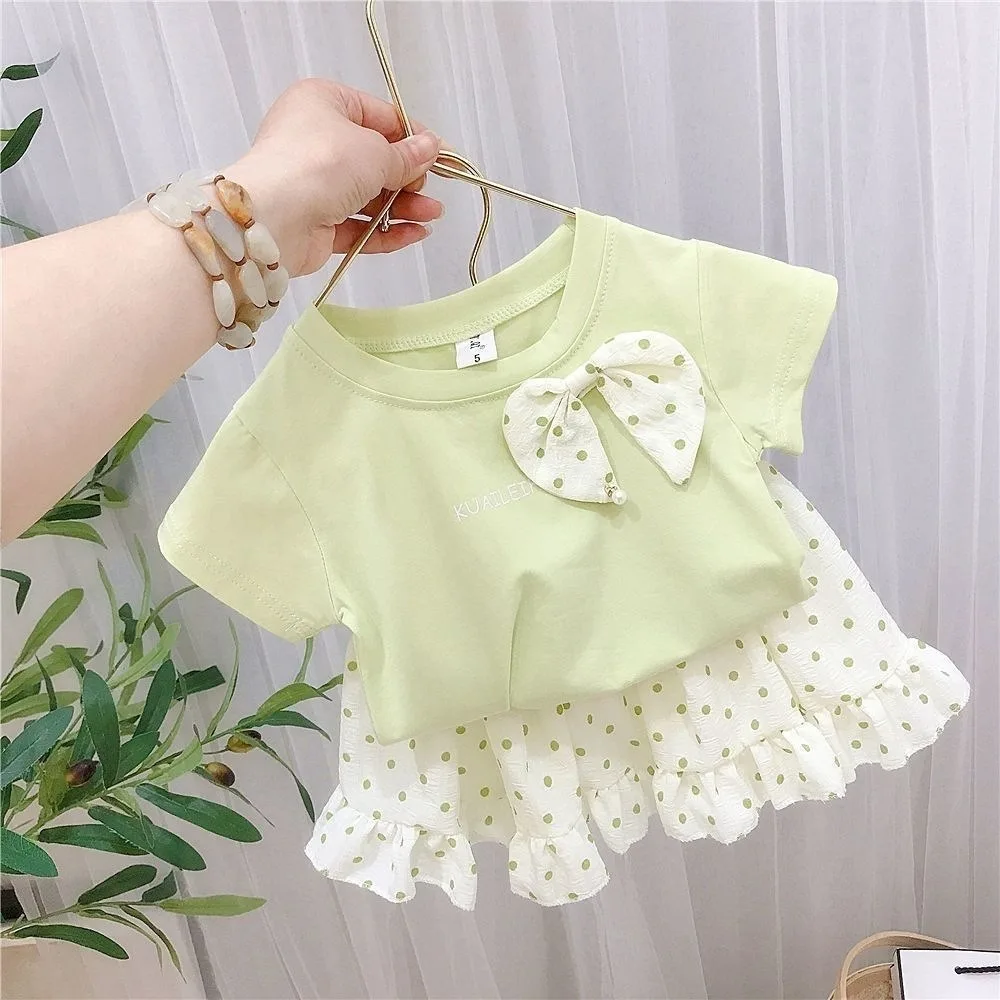 2026 Summer Toddler 1-10Y Girls 2Pcs Outfit Short Sleeve Tee Top, Polka Dot Mini Skirt Fashion Matching Suit for 80-130cm