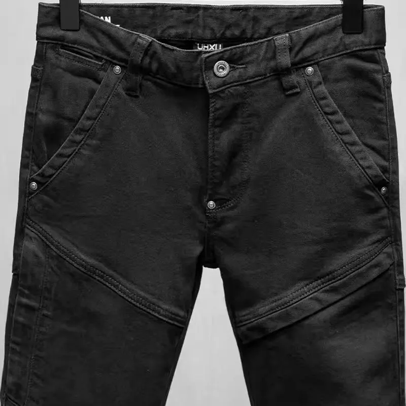 treet Fashion Men's Jeans Elastic Slim Fit Retro Casual Jeans Splicing Designer Hip Hop Jeans Bike Black Pants Hombre