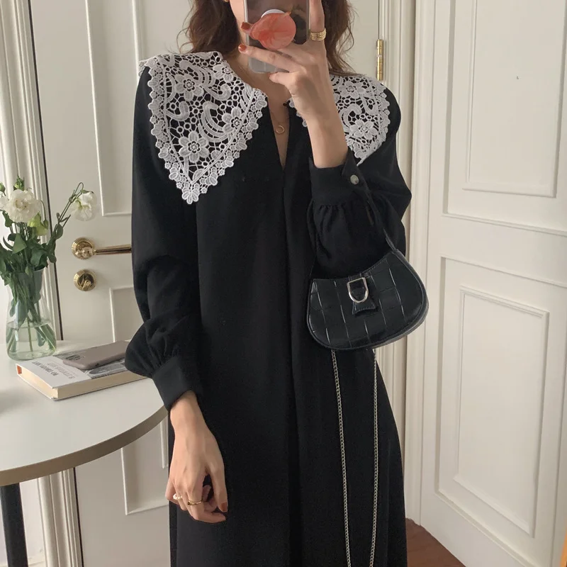 الرجعية هوك زهرة كبيرة التلبيب فستان الفرنسية شيك المرقعة أنيقة فستان بأكمام طويلة المرأة الخريف سليم طويل ألف خط قميص فستان