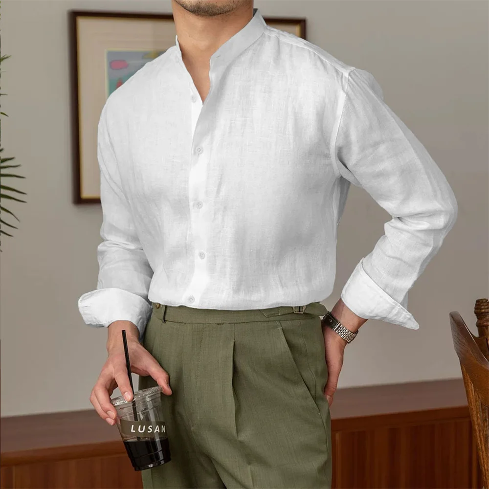 

Spring Summer Long Sleeve Shirt Henley Neck Breathable Lightwight Basic Style Casual Shirts Fashion Male Dailywear