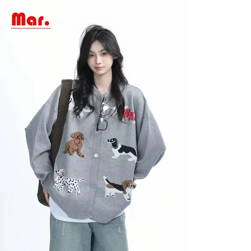 

Retro Personality Lazy Cartoon Puppy College Style Knitted Cardigan Women Street Loose Casual Sports Warm Sweater Coat