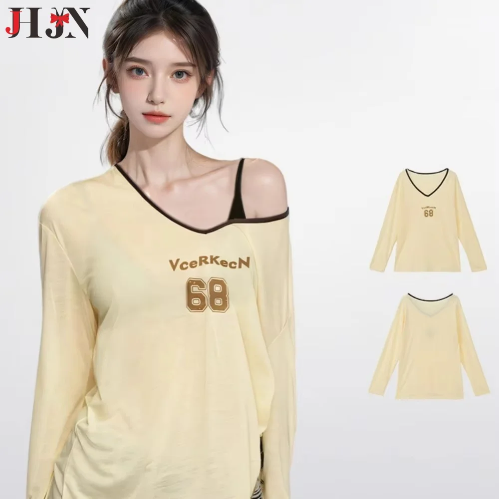 2024 Women's models Autumn Slant Shoulder Strapless Knit shirt Thin section Outer Ice silk Blouse Long Sleeve Knitwear Tops