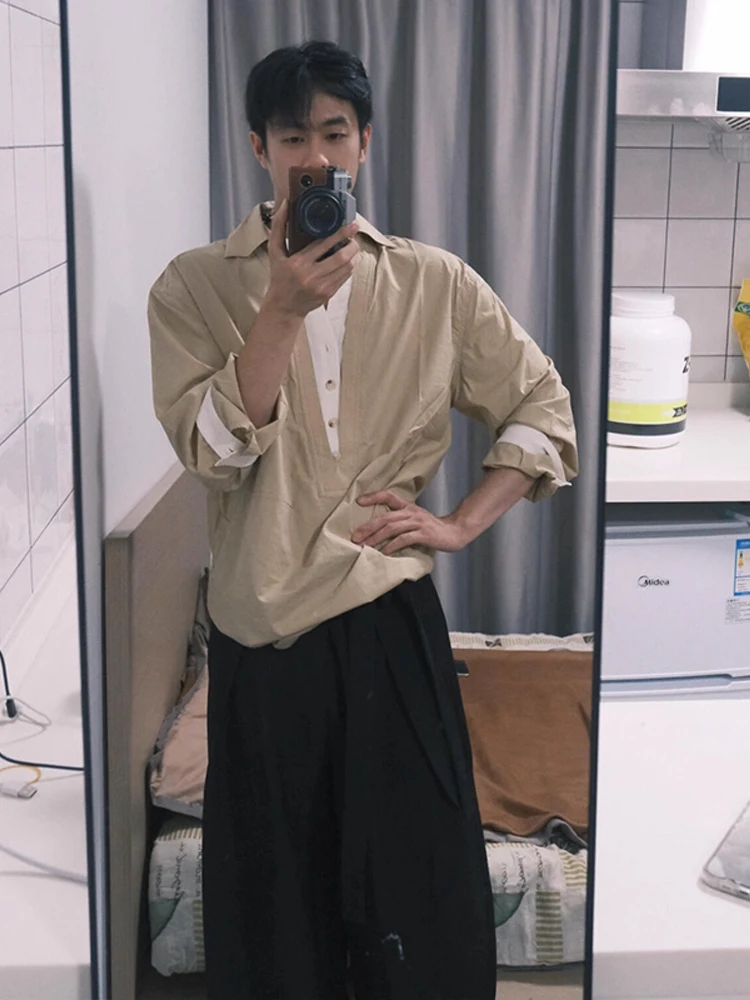 

Casual V-Ne Long Sve Men's irt Fake Two-Piece Sle Autumn Faion Classic American Outerwear Loose Fit Polyester Fiber