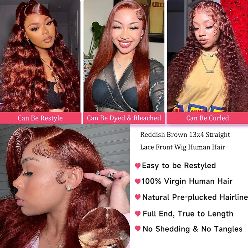 Straight Lace Front Wigs Human Hair Pre Plucked 13x6Transparent Lace Front Wigs for Women Reddish Brown Lace Front Wigs 33#