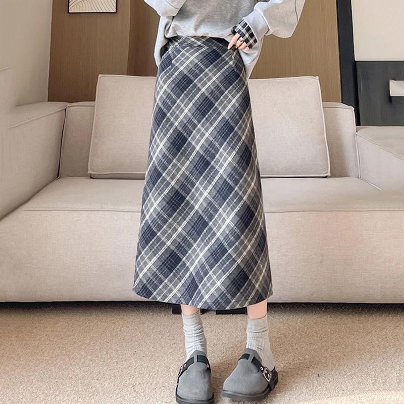 Autumn Winter Warm Plush Plaid Skirts Women Korean High Waist Woolen Long Skrts Woman Fashion Back Split Wrap Hip Skirt Female