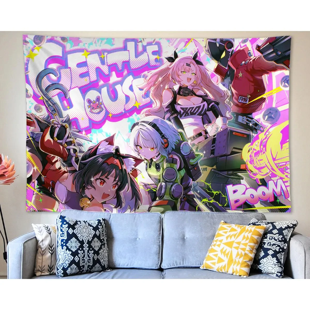 Anime Tapisserie Wandbehang Zenless Zone Zero Anby Billy Nekomiya Nicole ZZZ Tapisserie Wandkunst Dekorationen Wohnzimmer Dekor