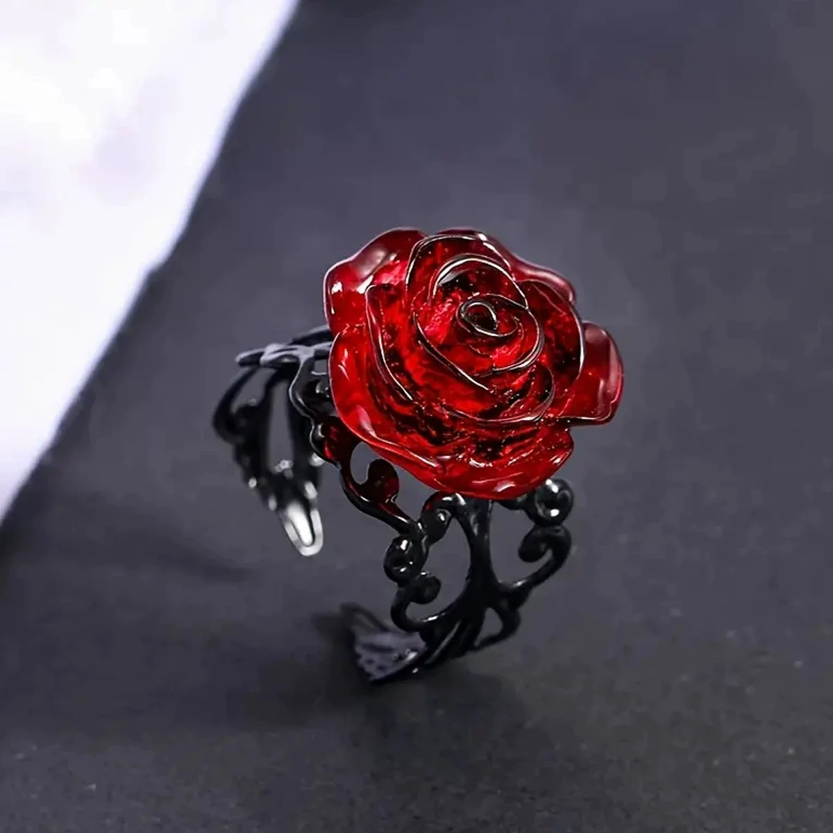 Punk Gothic Red Rose Ring Ornate Black Vine Witch Pagan Vintage Creative Halloween Cool Girl Gift Party Jewelry