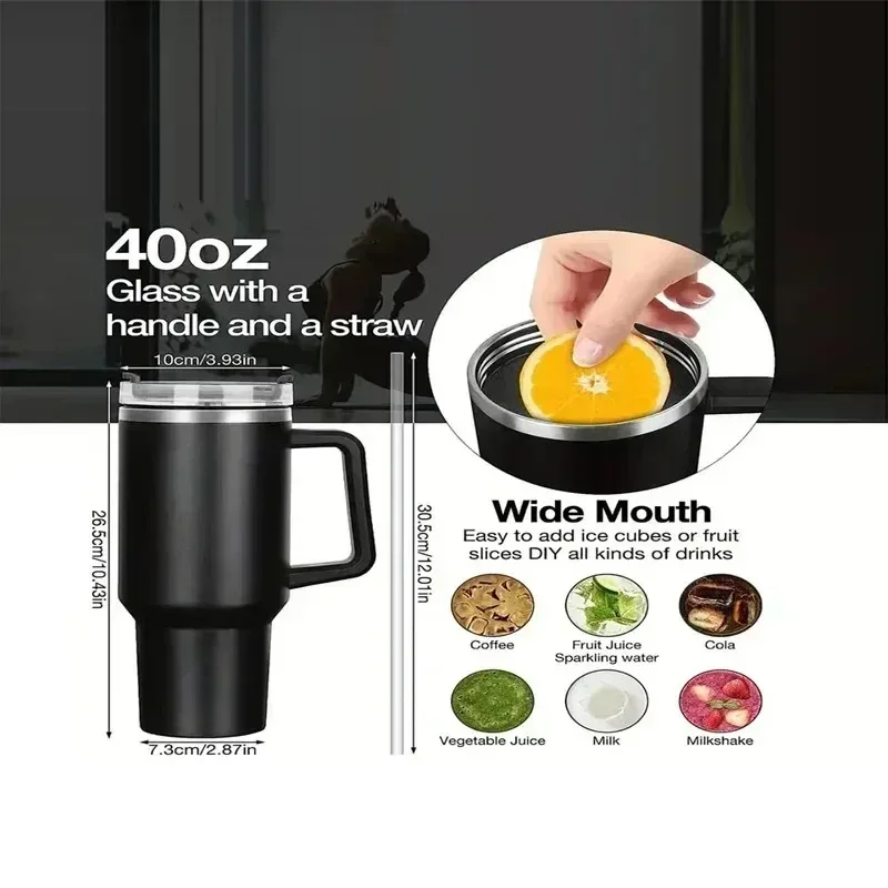 40-Unzen-Edelstahl-Wasserflasche mit Griff, vakuumisolierte Thermoskanne, 1200 ml, Reisebecher mit Strohhalm, Kaffeebecher, Auto-Reisebecher