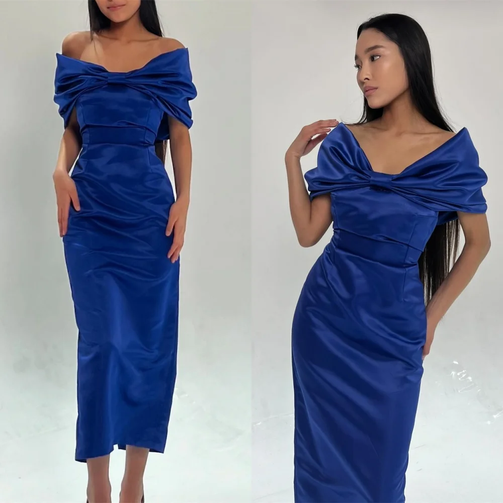 Customized Mermaid Exquisite Blue Satin Evening Dress Classic Off the Shoulder Sleeveless Homecoming Dresses Vestido De Festa
