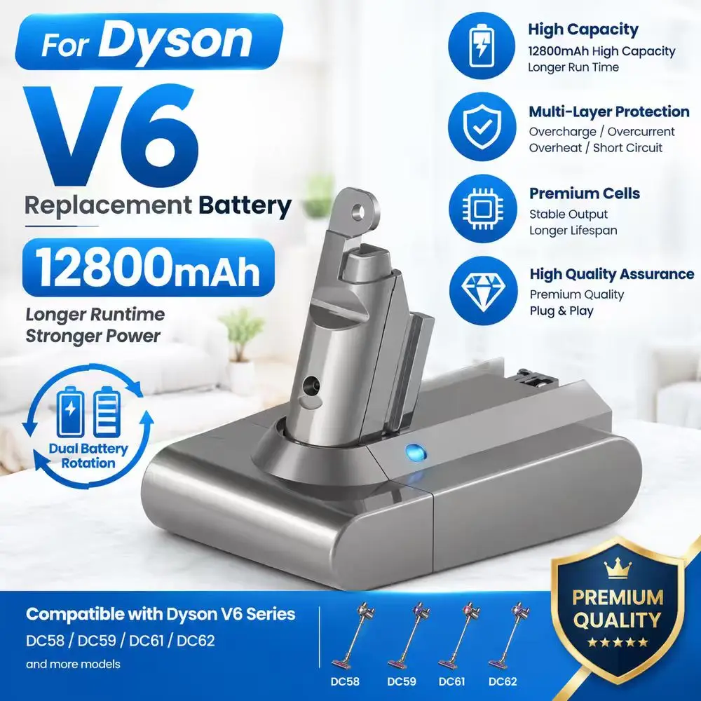 21,6V 12800mAh Wiederaufladbarer Li-Ionen-Akku für Dyson V6 Akku-Staubsauger, Ersatzakku passend für DC58 DC59 DC62 DC74 SV07 SV09, Ersatzteil 965874-02