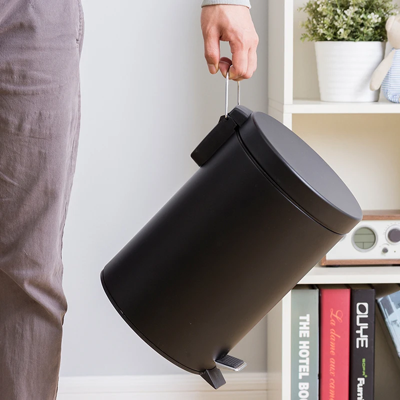 Black 7L Hotel Bathroom Dust Bin and Kitchen Household Metal Waterproof Garbage Foot Pedal Trash Can