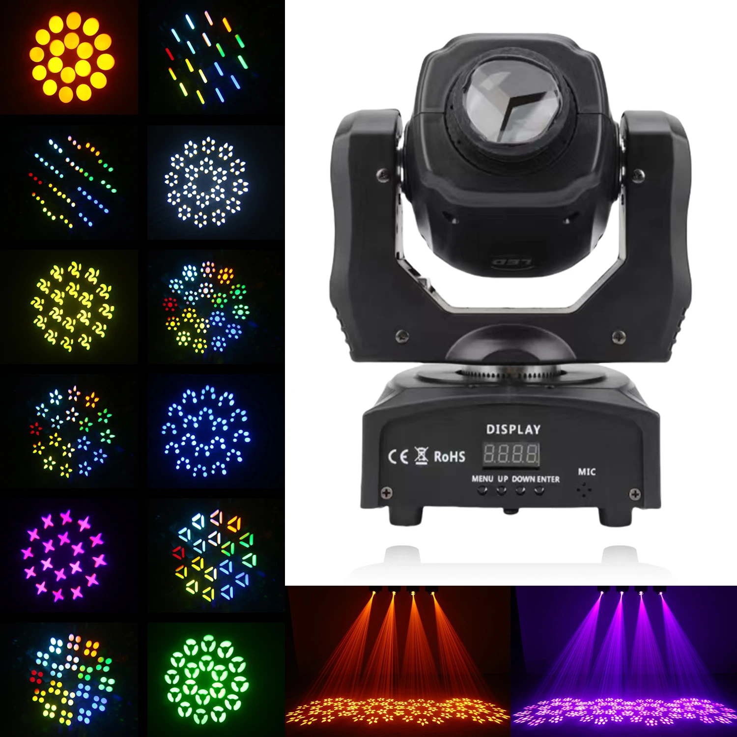 Rotativa LED Iluminação Cénica com Moving Head, Gobo, foco manual, Spot Padrão, DMX, DJ, Festa, Piso Dacne, casamento, 60W