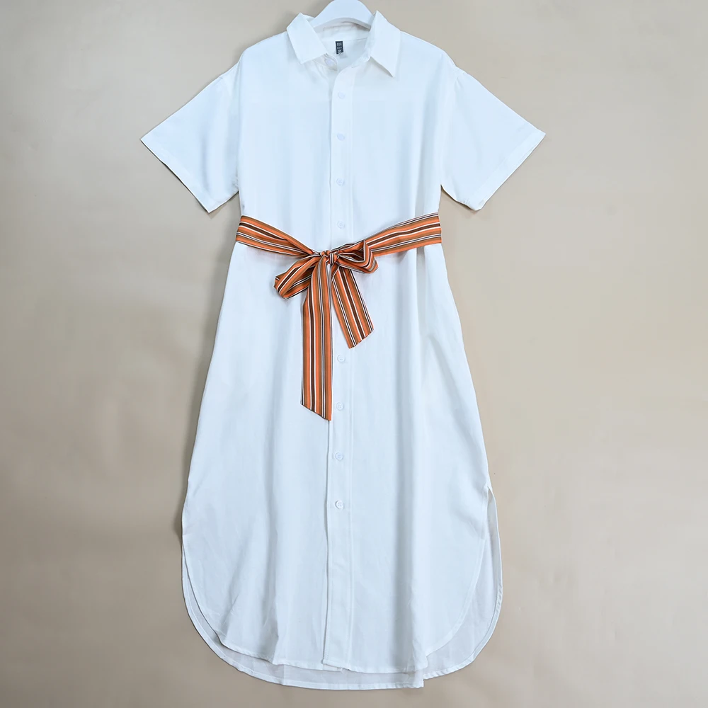Summer New Women's Short Sleeve Belted Midi Dress Elegant Chic Style Casual Comfortable Fabric Perfect for Any Occasion