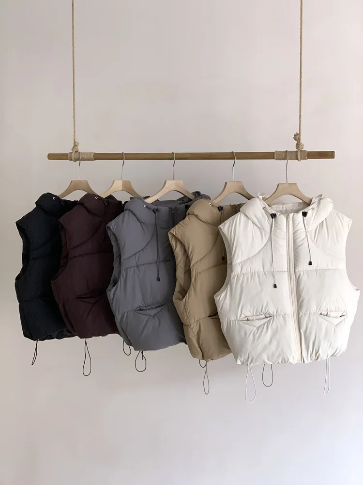 

Autumn Winter Hooded Cotton Vest For Women Solid Color Simple Drawstring Korean Casual Fashion Warm Thicken Tank Tops Jacket