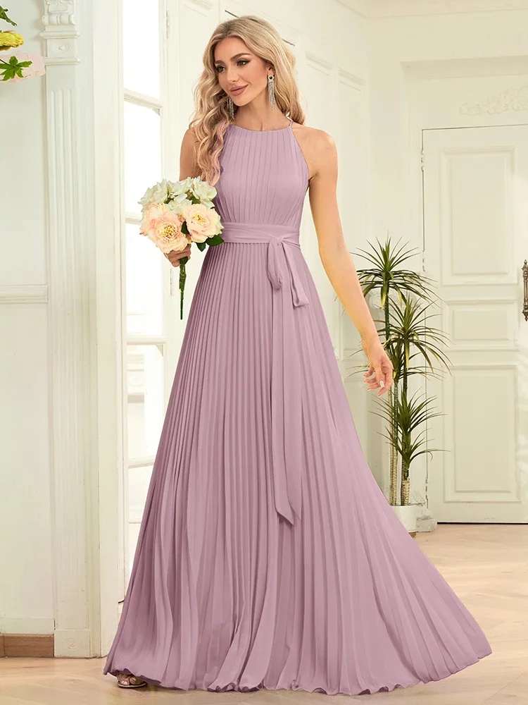 Customized Simple Chiffon Draped Sash Bow A-line Halter Long Dresses Bespoke Occasion Dresses Exquisite Sizes Available Casual