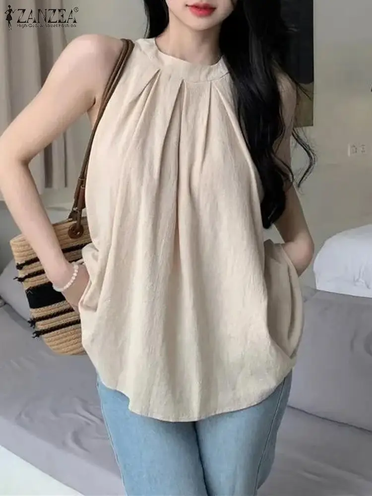 ZANZEA Korean Sleeveless Blouse Fashion Women Sweety  Pleated Tank Tops 2024 Summer Casual Shirts Holiday O-neck Tunic Oversized