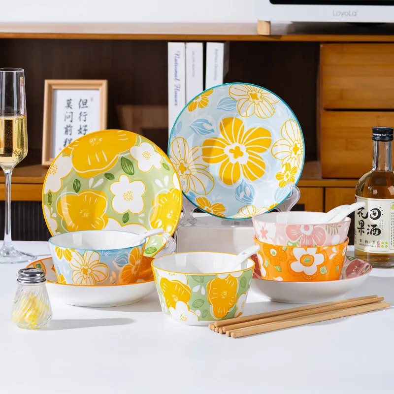 

Набор посуды PYH: тарелка, миска, столовые приборы, новая керамическая миска для еды и ложка, набор с подглазурной росписью.