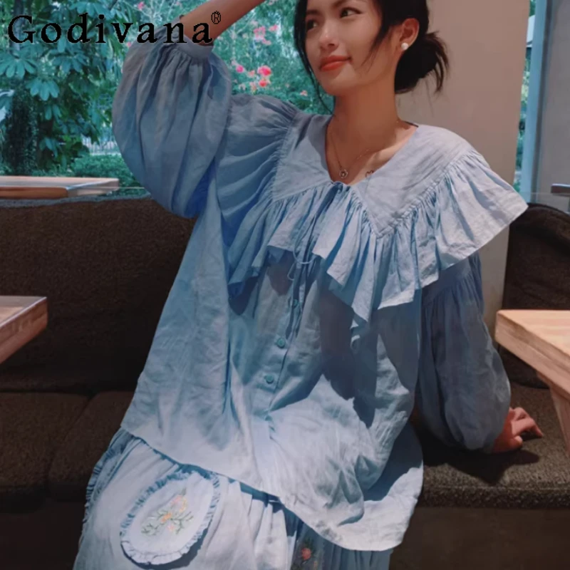 

Spring Summer New Women Court Long Lantern Sleeve Loose Peter Pan Collar Shirt Fashion Sweet Ruffles Versatile Retro Blue Top