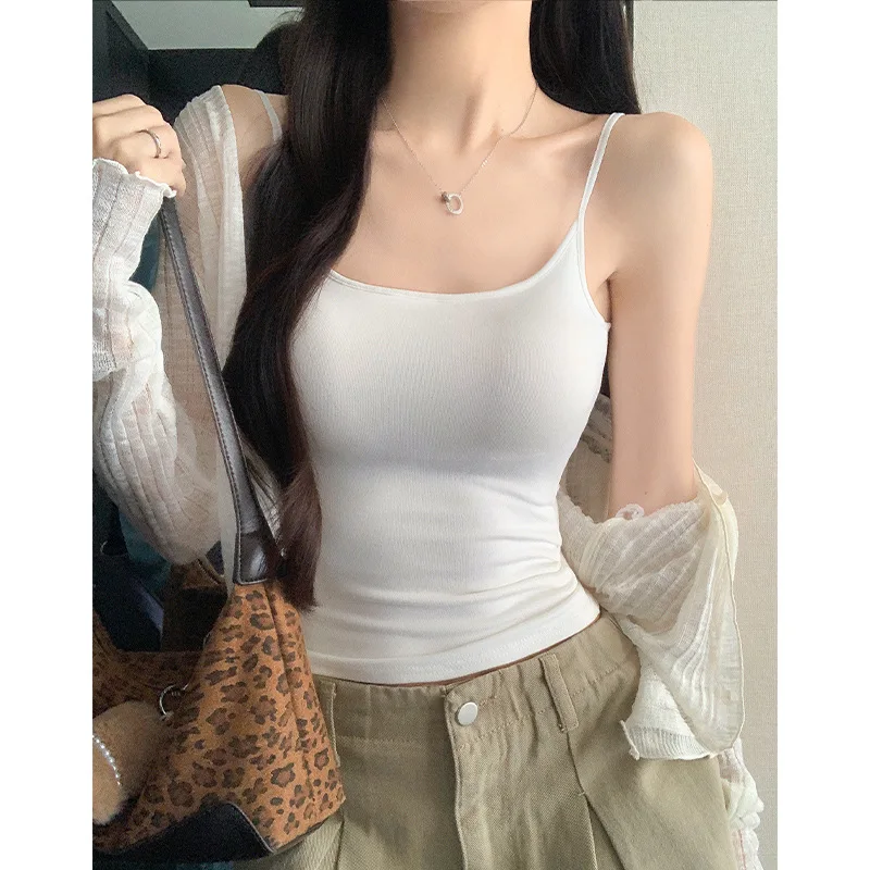 Women Viscose Tank Top with Chest Pad U Neck Sleeveless Slim Fit Ultra Short Summer Camisole Vest Casual Sport Travel Daily Wear