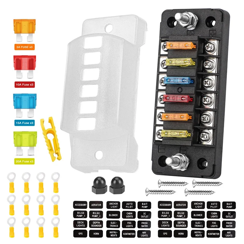 6-Way Car Fuse Holder w/Negative Busbar 12V Blade Type Fuse Holder ATC/ATO Standard Fuse Box Label Sticker Waterproof Cover