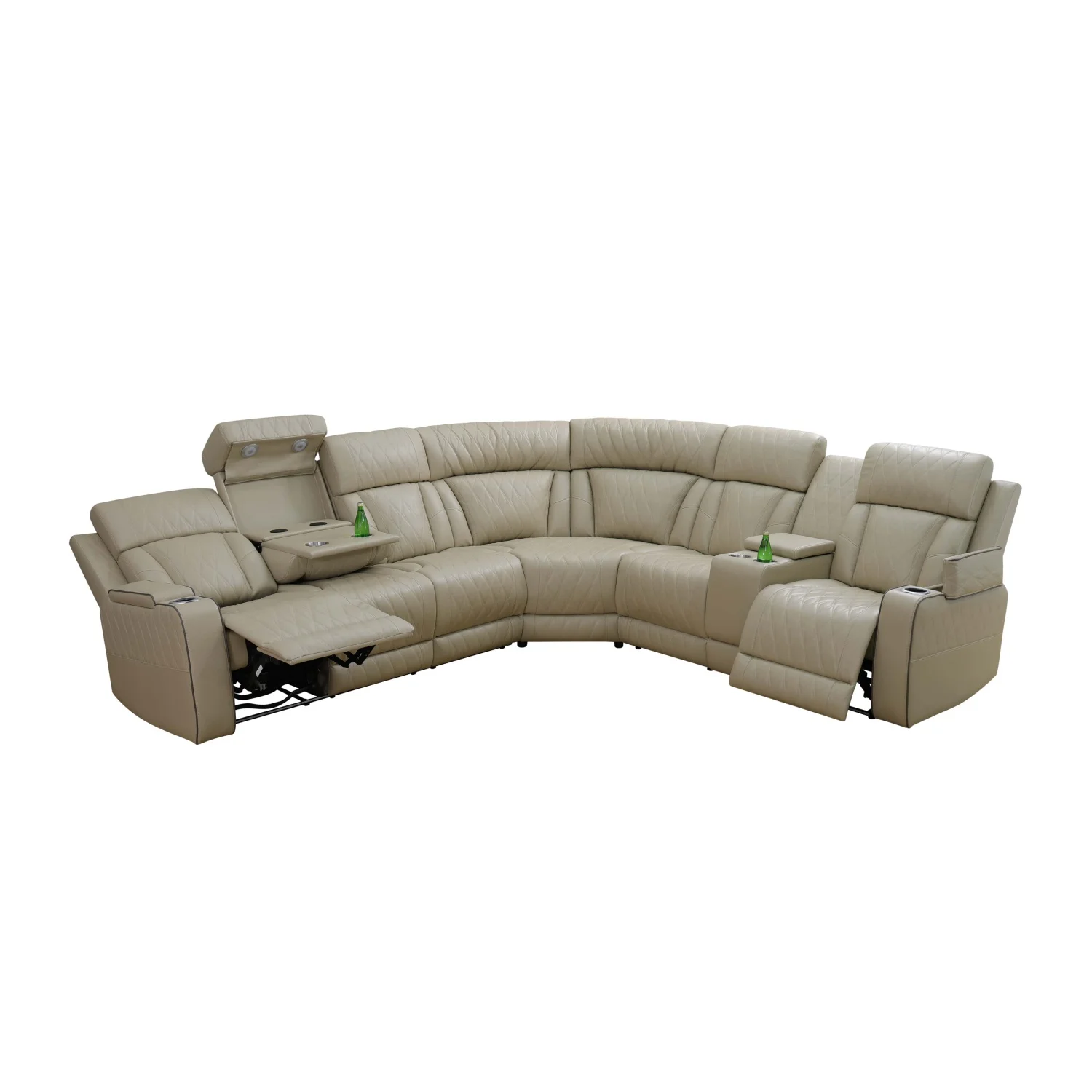 Beige Leather Electric Recliner Sectional Sofa, Home Theater Seating with LED Ambient Light,GN4738