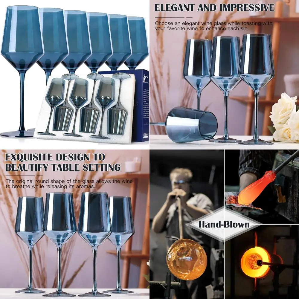 

Набор из 6 - бокалов для вина Midnight Blue ручной работы на 15 унций для вечеринок, свадеб и домашних баров.