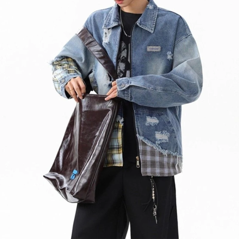 Plaid splicing denim jacket men's new retro design casual jacket men's