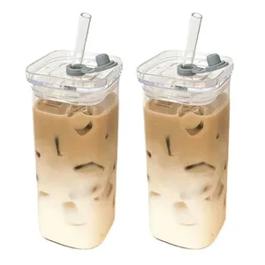 1pcs taza de vidrio de café resistente al calor cuadrados con tapa y paja Taza de café de té de leche transparente 6 mejores ventas de vidrio de bebida fría - №6