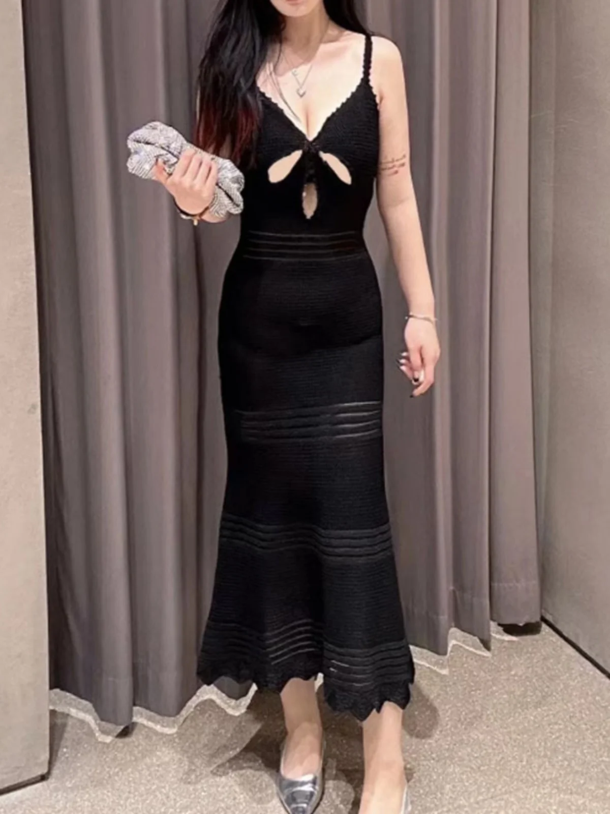 

Ele Summer Bla Laceout Knitted Fi Tail Dr Women's Sexy Classic Sle Hollow out Strap Dr for Holiday Wear