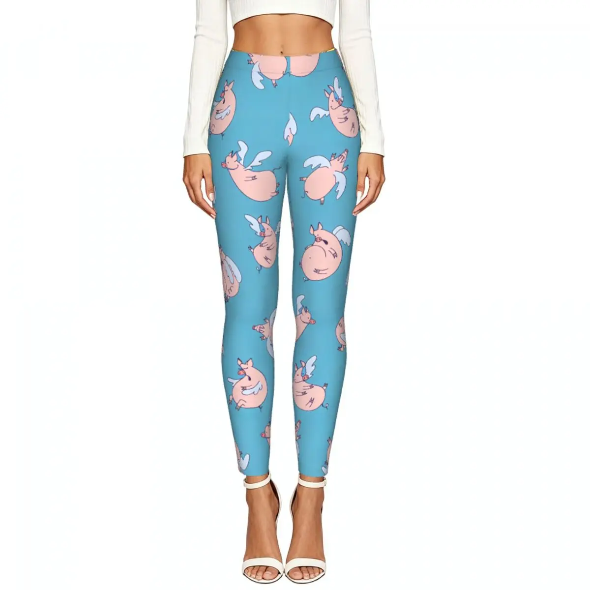 Ladies Elastic Waist Skinny Leggings Flying Pigs Trousers For Daily Outdoor