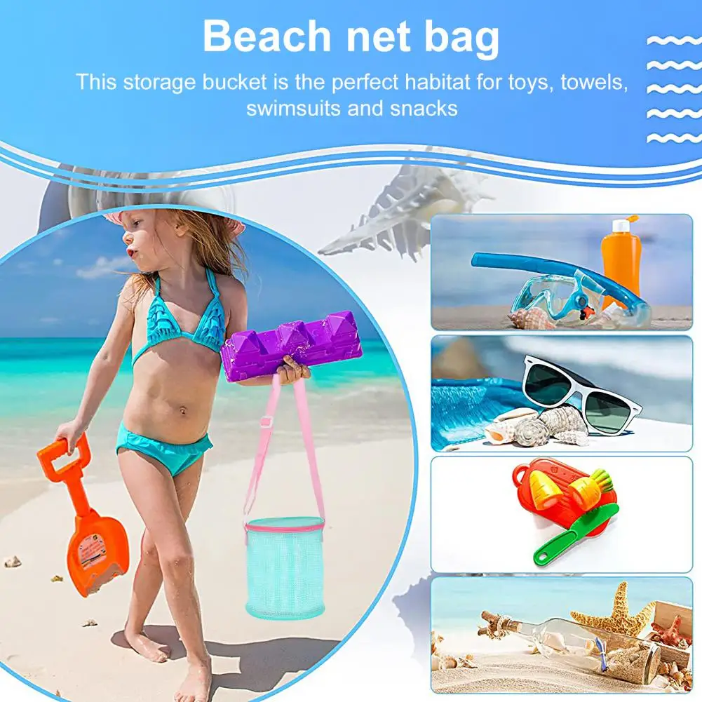 Seau de rangement de plage multifonctionnel, capacité, sac de plage en maille avec bandoulière pour voyage, support de coquillage, jouet de sable à utiliser