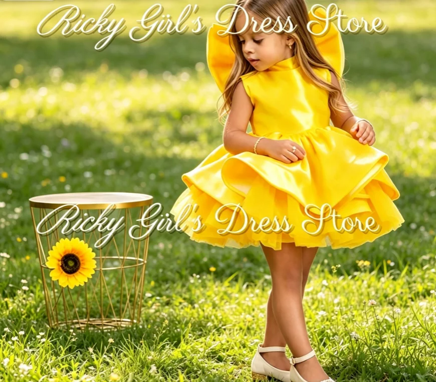 Lovely Yellow Flower Girl Dress Baby First Communion Gowns Wedding Bow Satin Kids Birthday Gift Ball Party Clothing Customized