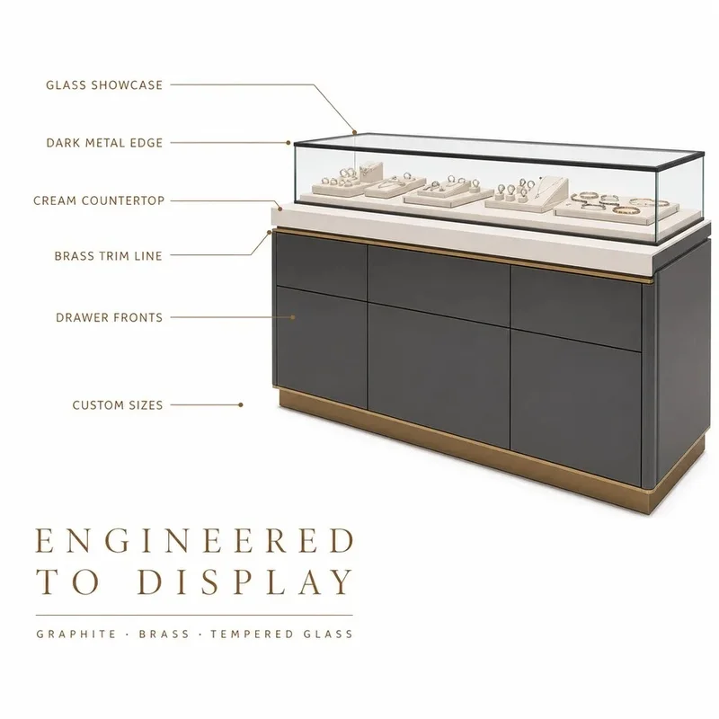 custom.Custom Wall Mounted Jewelry Showcase Metal Frame Wooden Back Panel Glass LED Display Jewelry Store