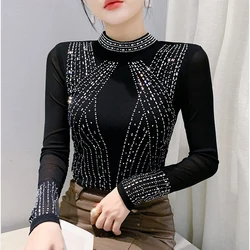 2024 European Station Long Sleeve Women Tees Autumn Winter New Stand collar Hot Diamond T Shirt Fashion Slim Mesh Tops