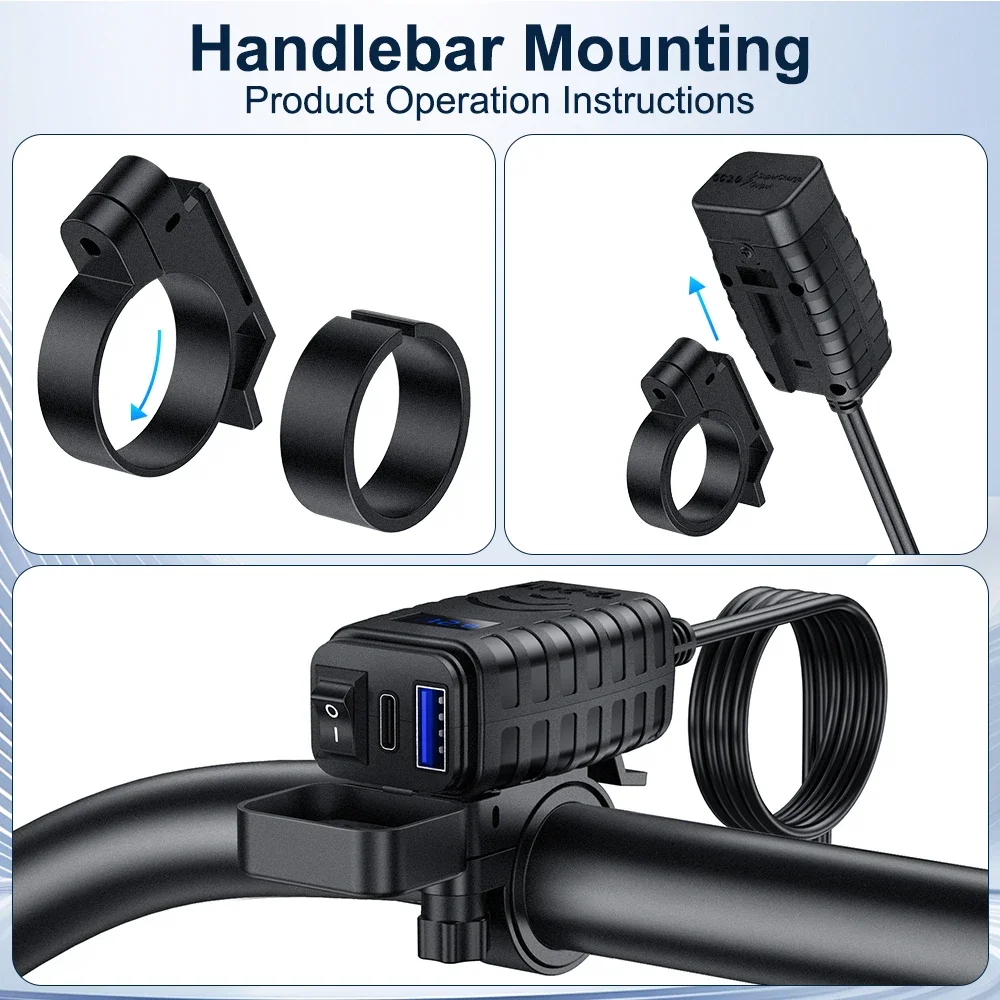 Extractme Motorcycle Dual Fast Charging USB A+C Charger  Waterproof Socket Connector with Digital Voltmeter Moto Accessories