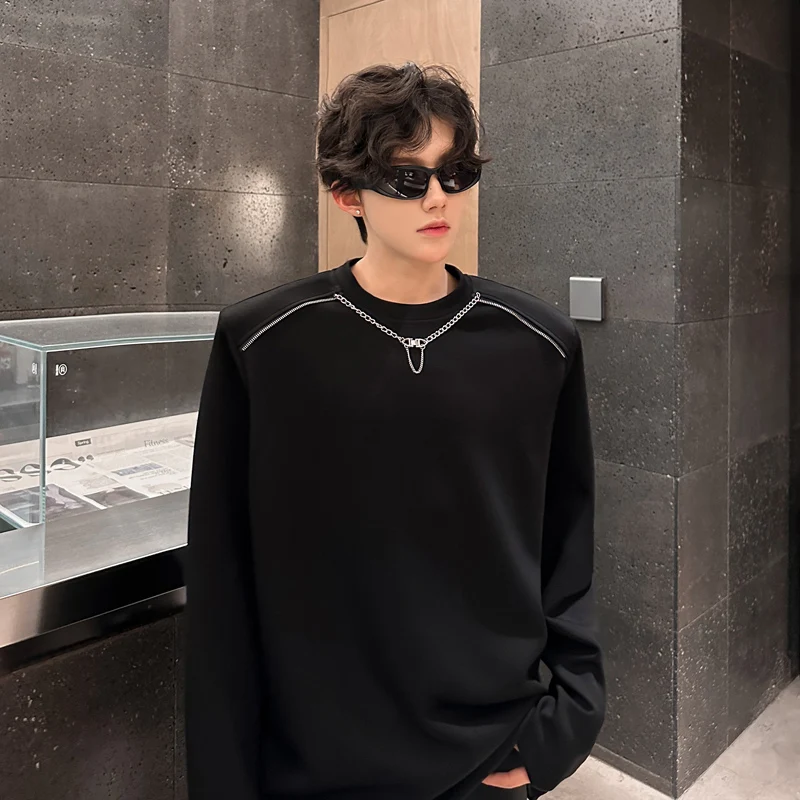 

Fall Fashion Metal Necklace Decorated Heavy Shoulder Pad Design Long Sleeve T-Shirt Men's Korean Style Handsome Base Hoodie