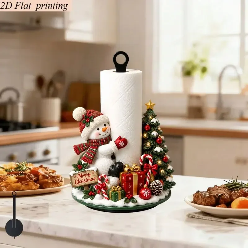 1Pc 2D Flat Printed Xmas Snowman Tree Paper Towel Holder, Tabletop Decor for Kitchen Bathroom Living Room, Paper Not Included