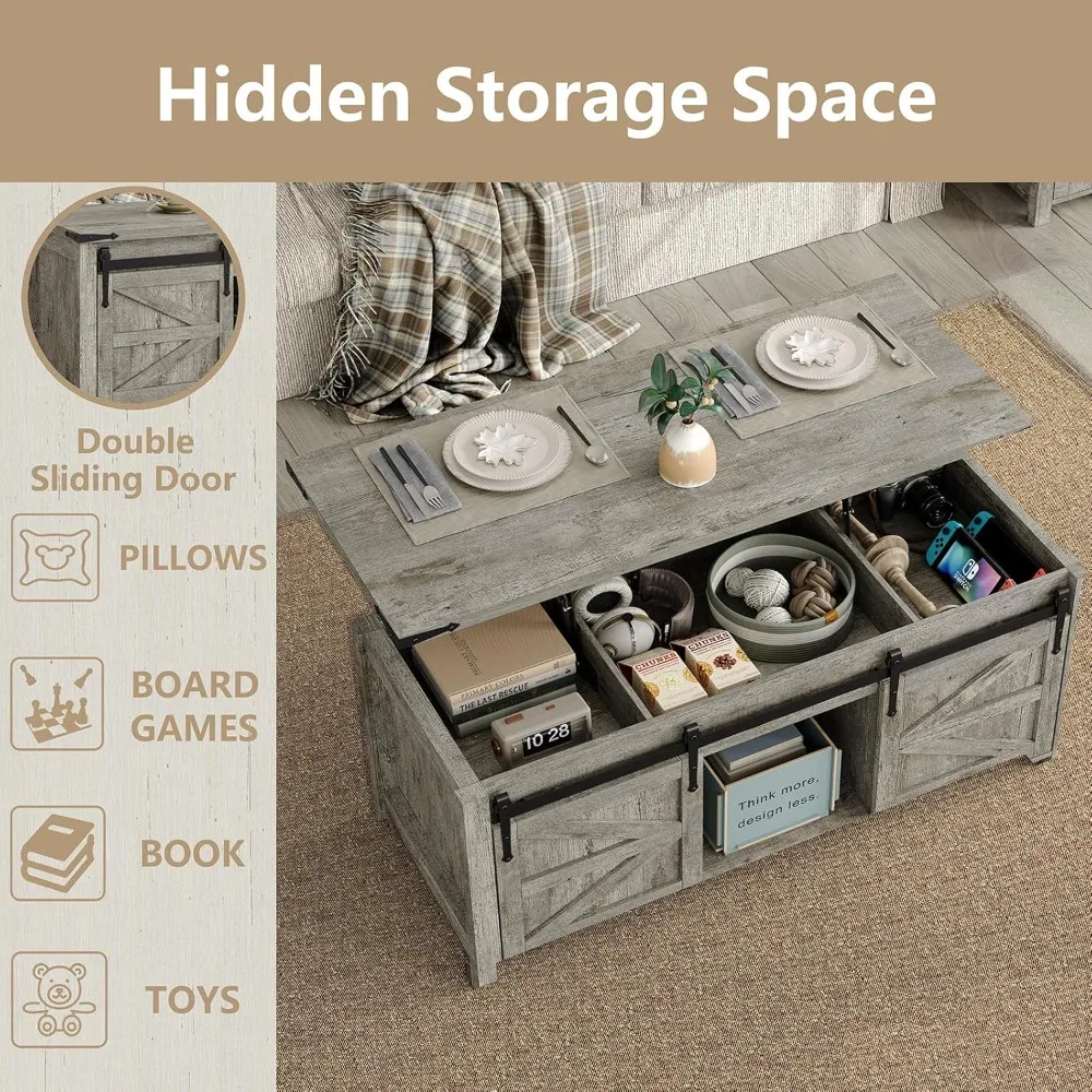 Mesa de centro elevatória, mesa de centro de fazenda de 47,3 '' com grande compartimento de armazenamento oculto e portas deslizantes de celeiro, madeira moderna rec