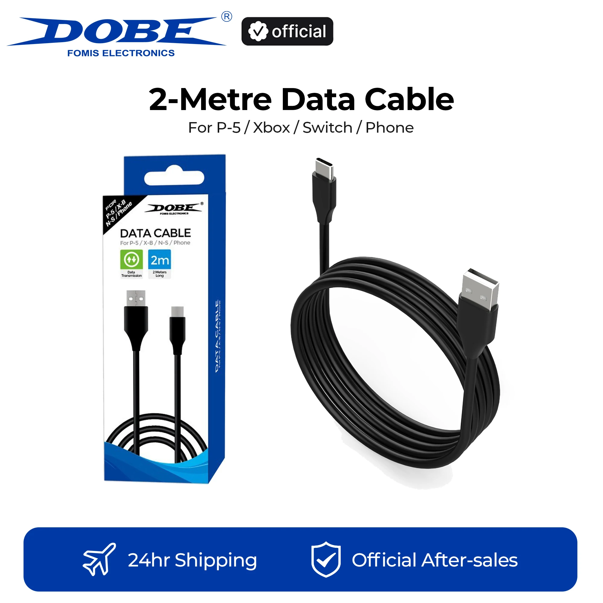 Cable de datos DOBE de 2 m para PS/XBOX/Switch/TELÉFONO, transmisión de datos, cable de carga para controlador de juegos/teléfono, tipo C