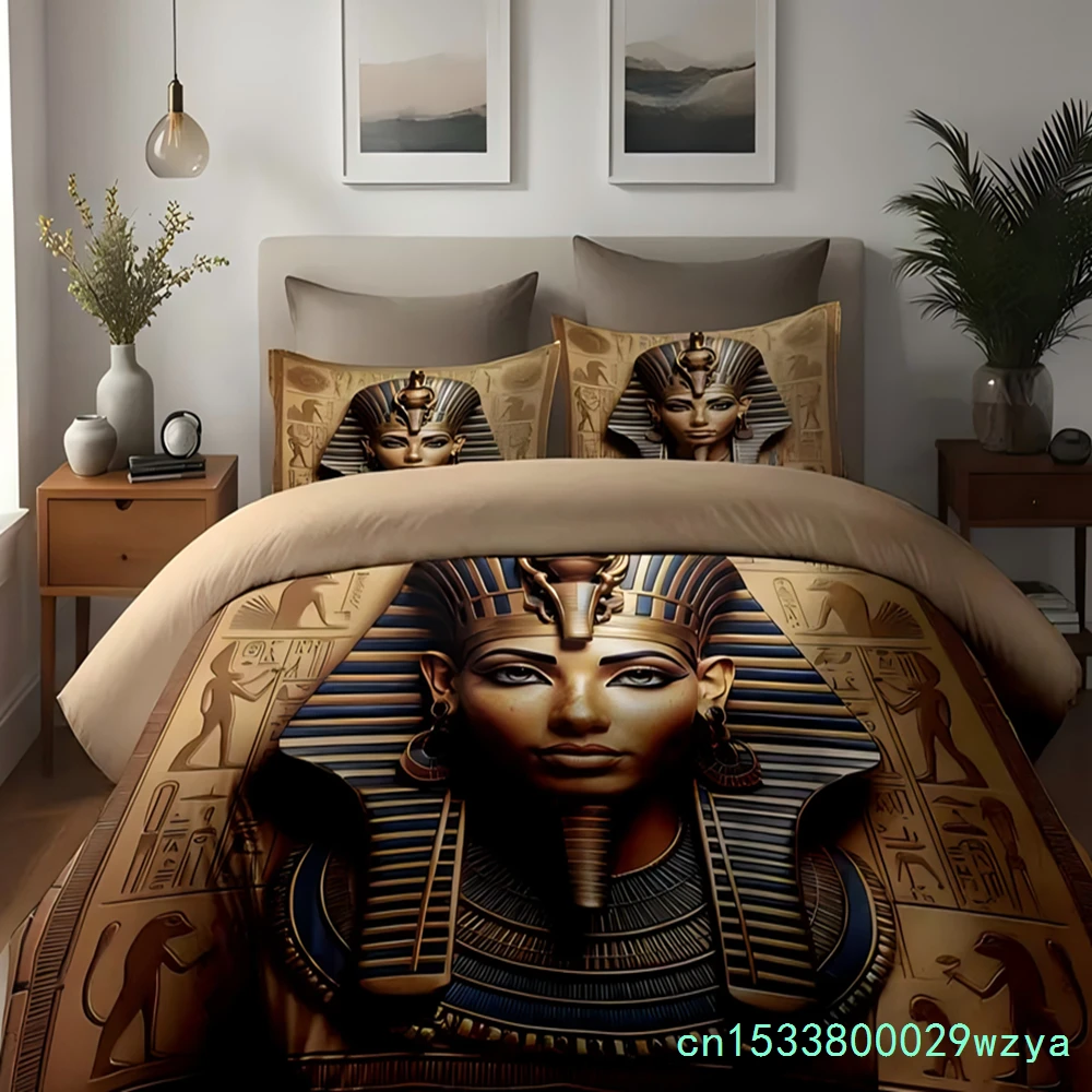 Egyptian Mythology Pharaoh Relief Totem 3D Print Bedding Set For Teens Adults Style Bed Cover Soft Home Polyester Quilt Cover