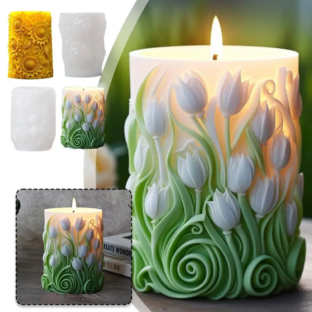 Carving Roman Pillar Blooming Flower Pillar Candle Silicone Molds DIY Flower Column Wedding Gift Aromatherapy Molds Tool Decor