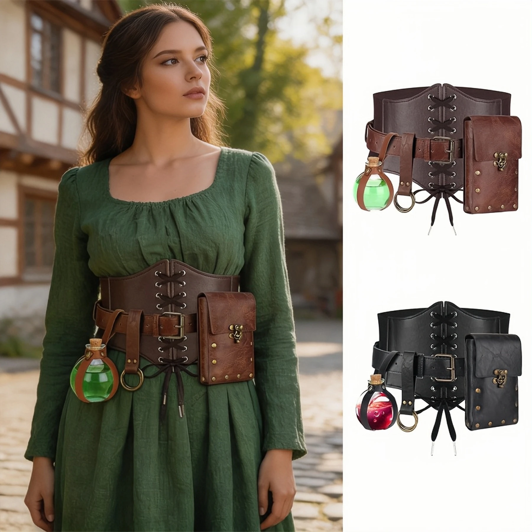 4pcs Vintage Leather Set  Corset Belts Waistband Fanny Pack Skirt Clip Magic Potion Bottle  Medieval Festival Costume Accessories