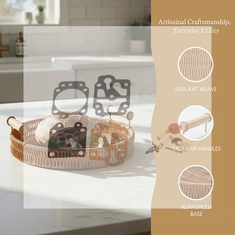 Set Of 3 Woven Rattan Round Serving Trays With Wooden Handles For Kitchen Fruit Snacks Home Use