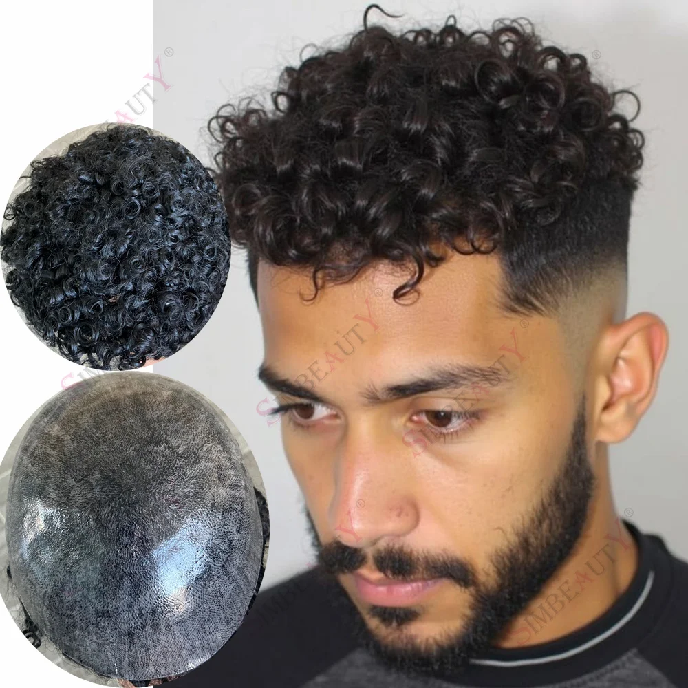 

Toupee for Men Afro Curl Hairpieces Black Male Hair Replacement System 100% Soft Human Hair Transparent PU Prosthesis 15MM Curly