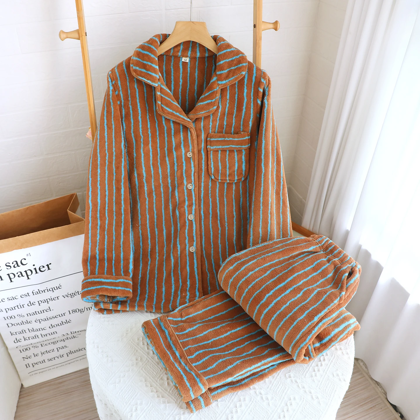 Men's Coral Fce Pajamas Home Clothes Set Flannel Warm Thi Long Sve Long Pants Striped Open Cardigan Home Comfortable
