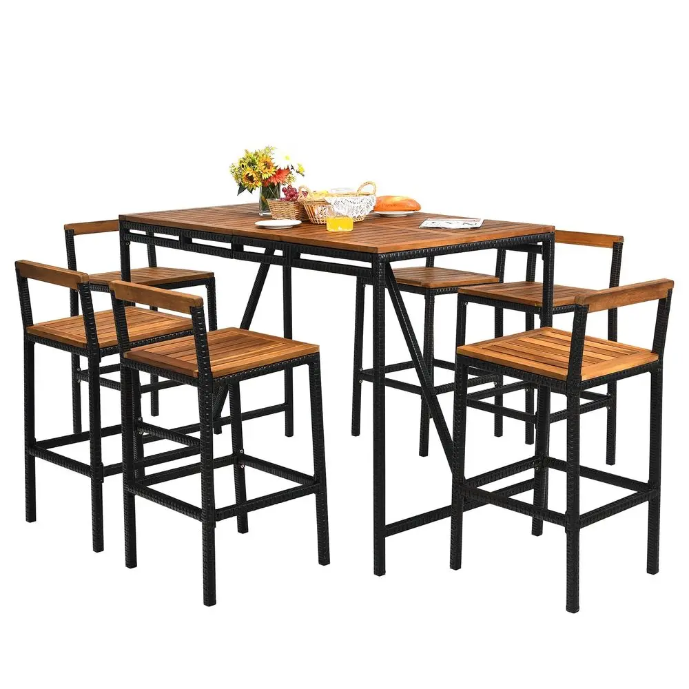 

7 Piece Patio Bar Table Set with Umbrella Hole Acacia Wood HighDining Bistro Set with 6 Bar Stools, PE Wicker Outdoor Bar Set f