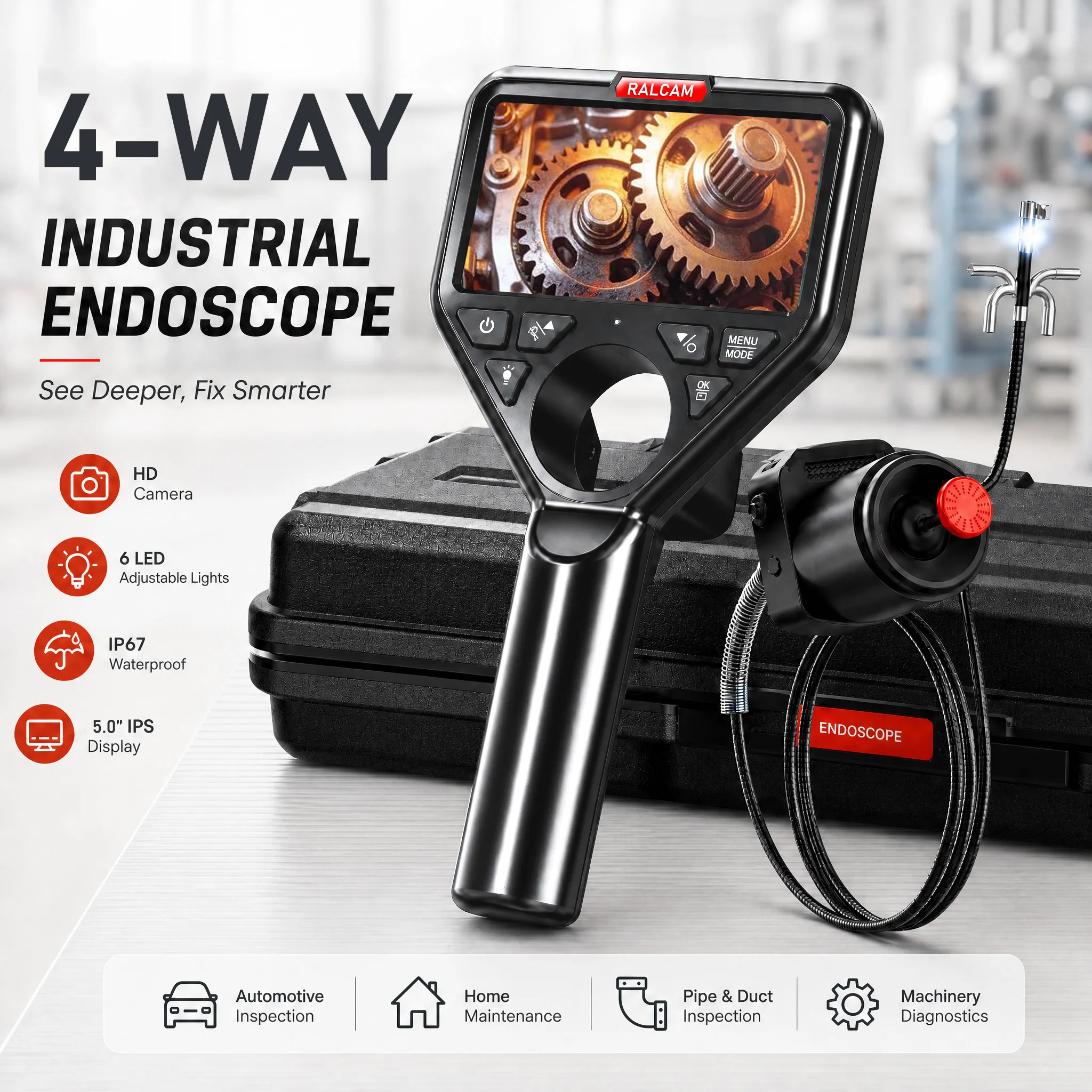 4-Way 360° Rotation Detachable Snake Tube Endoscope Inspection Camera for Home Use